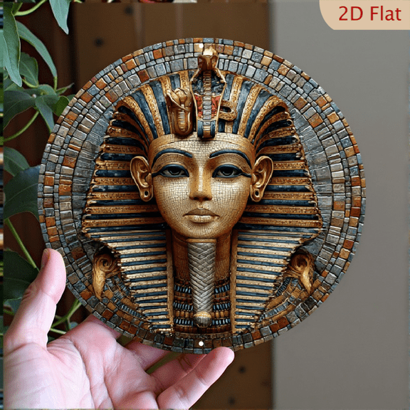 2D Flat A Golden Sculpture Featuring a 3D Relief of a Circular Egyptian Pharaoh Design, Perfect for Decorating Your for home Or Office
