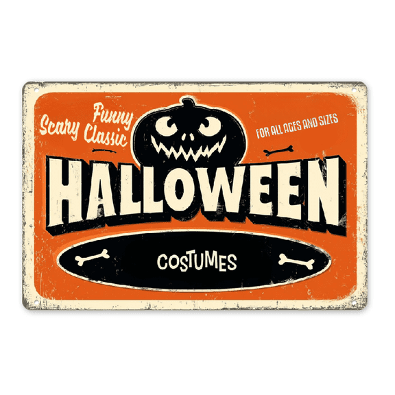 2D Flat, AOYEGO Halloween Costumes Shop Tin Sign - Pumpkin with Letter, Funny Scary Classic for All Ages and Sizes - Vintage Metal Tin Signs for Cafes, Bars, Shop Wall Decorative Funny Retro