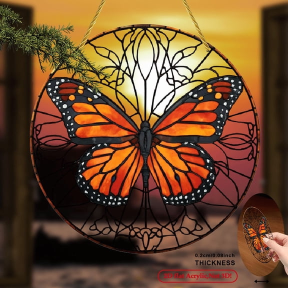 2D Flat Acrylic Butterfly Suncatcher- Vibrant Stained Window Hanging Decoration with Yellow Rope, Round Porch and Wall Decoration, 8x8inch, Suitable for Home and Room Decoration