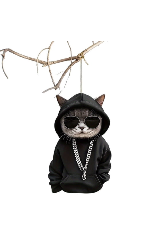 2D Flat Acrylic Cat Pendant Car Ornament 1Pc Cute Black Cat In Hoodie Design Decorative Hanging For Rearview Mirror Keychain And Gift Size Varies 0.07 Lbs
