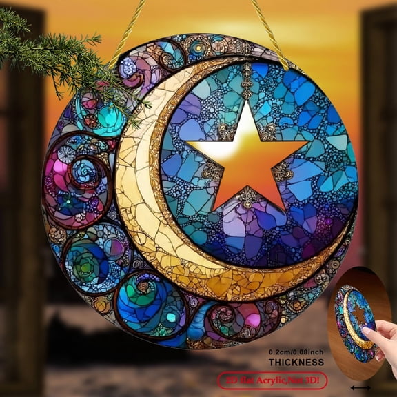 2D Flat Acrylic, Charming Moon and Star Light Catcher, Garden Light Catcher Ramadan Decoration, Outdoor Hanging Decor, Whimsical Decoration for Home Office Farmhouse, Garden Patio, Ideal Gift