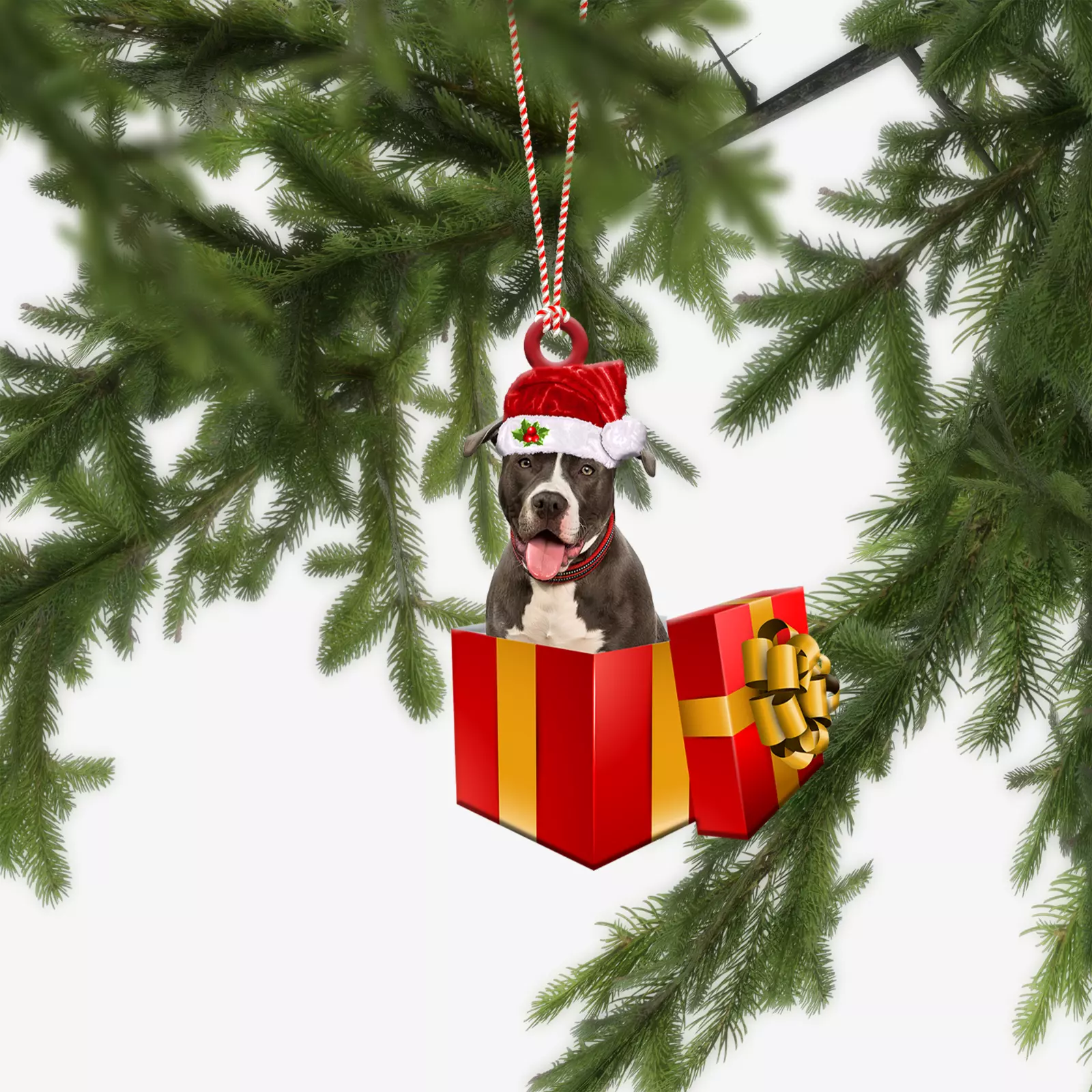 Talataca Pit Bull Christmas Ornament - 2D Flat Decor For Tree Or Car Mirror With 3 Hanging Options