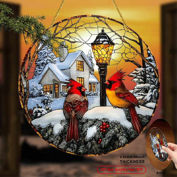 2D Flat Acrylic Christmas Red Cardinal Wall Hanging  Winter Scene with Snowy Branches, Holly Berries & Lantern - No Electricity Needed Indoor_Outdoor Decor for Home, Porch, Garden, 8*8inch