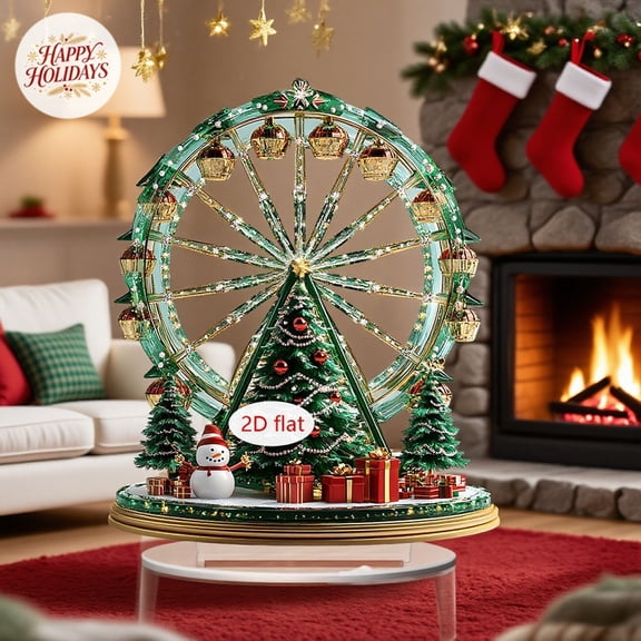 2D Flat Acrylic Christmas Tabletop Figurine, Indoor Outdoor Christmas Xmas Decorations, Carousel Ferris Wheel Tree Decor for New Year Mantel Window Home Decor
