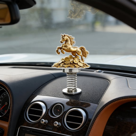 2D Flat Acrylic Golden Horse Spring Shaking Car Ornament, Lucky Money Horse Dashboard Decor, Lightweight Cute Auto Interior Accessory for Car Rearview Mirror Desk