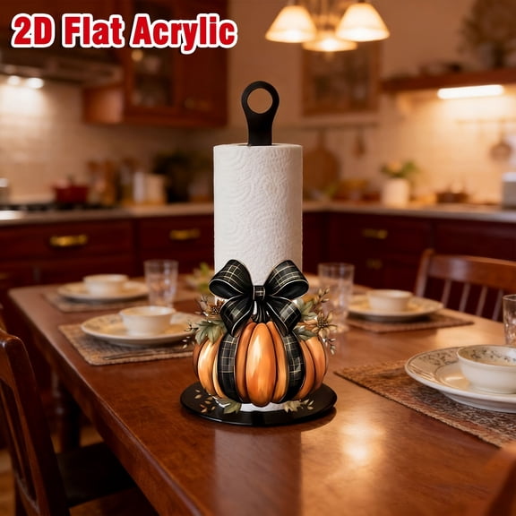 2D Flat Acrylic Pumpkin Paper Towel Holder, Fall Kitchen Paper Towel Stand with Black Plaid Bow, Autumn Harvest Countertop Decor for Dining Table Kitchen Counter