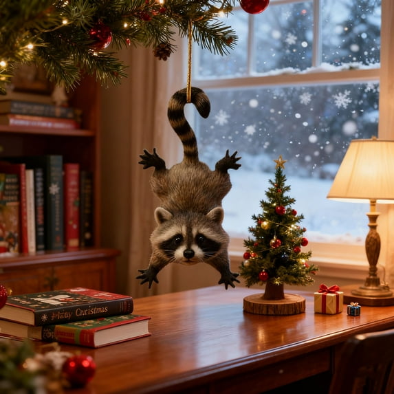 2D Flat Acrylic Raccoon Pendant - Pre-Strung Rope Christmas Tree Decoration, Shatterproof Lightweight Ornament, Cute Animal-Themed Decor for Holiday Parties Displays, Festive Accent, 3.93in, A