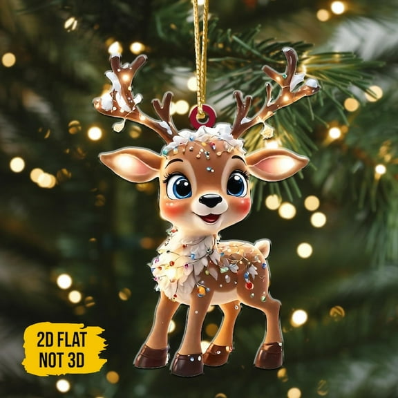 2D Flat Acrylic Reindeer Ornament, Adorable Cartoon Deer Christmas Tree Decor, Kids Stocking Stuffer Gift