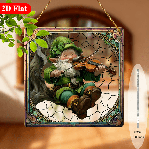 2D Flat Acrylic, St Patrick'S Day Gnome Fiddle Suncatcher, Shamrock Gnomes, Lucky Gnomes, Gnome Garden Decorations, St Patrick'S Day Decorations, Irish Shamrock Gifts