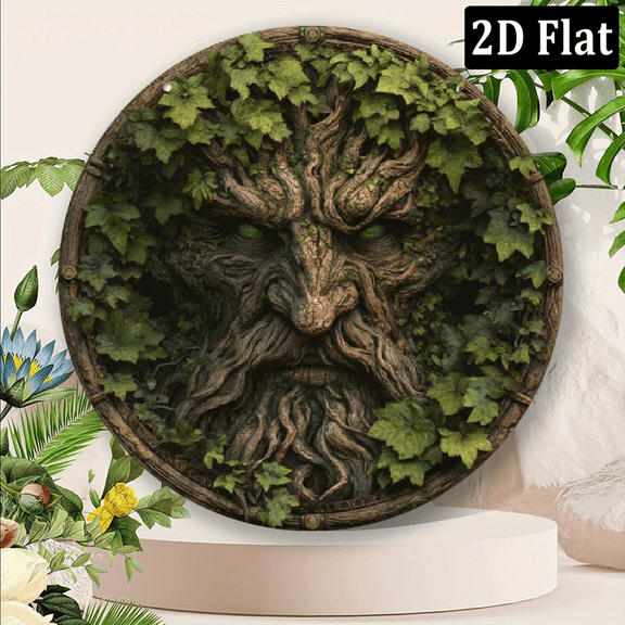 Aluminum Round Metal Sign - 2D Greenman Fantasy Illustration with Leaves Moss, Intricate Wall Art for Garden Decor, Unique Gift for Nature Lovers, Outdoor Decor