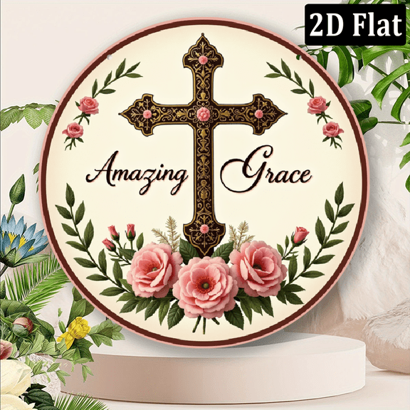 2D Flat, Amazing Grace Cross Floral Wreath Round Aluminum Metal Sign - 8x8 Inch Durable Fade-Resistant Wall Decor for Home, Bar, Cafe, Kitchen - Religious Christmas Plaque with Soft Pastel Hues