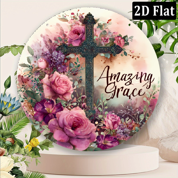 2D Flat, Amazing Grace Cross Floral Wreath Round Aluminum Metal Sign - 8x8 Inch Durable Fade-Resistant Wall Decor for Home, Bar, Cafe, Kitchen - Religious Christmas Plaque with Soft Pastel Hues