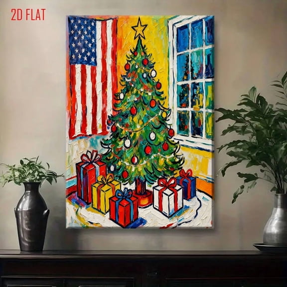2D Flat American Flag Christmas Tree Oil Painting - Red White & Blue Framed Wall Art with Wrapped Canvas, Patriotic Holiday Decor for, Office, or Gift - Stars & Stripes Housewarming Present (No Assem