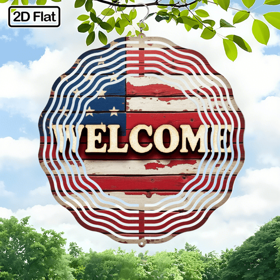 2D Flat, American Flag Welcome Metal Wind Spinner, 10x10in Iron Wind Chime Hanging Decor for Front Door Porch Patio Garden, Patriotic Gift