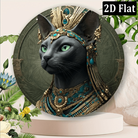 2D Flat, Ancient Egyptian Bastet Cat Goddess Circular Aluminum Wall Pediment - 8inch Historical Theme Wall Hanging Decor for Living Room, Garden, Office - Indoor Portrait Orientation Wall Art.