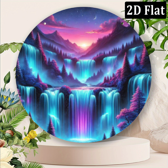 2D Flat, Artistic Metalwork Stunning Moonlight Waterfall Scene Metal Wall Decor, Round - Vibrant Landscape with Purple Blue Waterfall, Pine Trees, Starry Sky - Versatile Hanging 8*8in