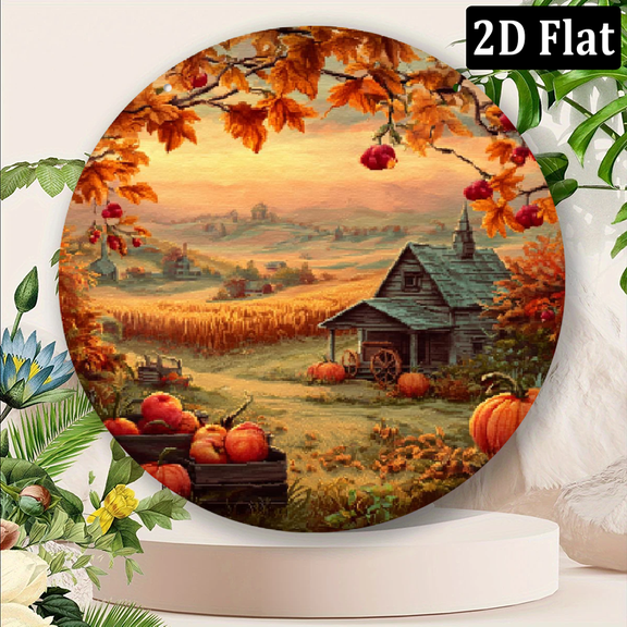 2D Flat, Autumnal Pumpkin Farm 8x8 Inch Round Metal Sign Personalized Gift, Bedroom Decoration, Office Wall Art, Home Coffee Bar, Weatherproof Rustproof