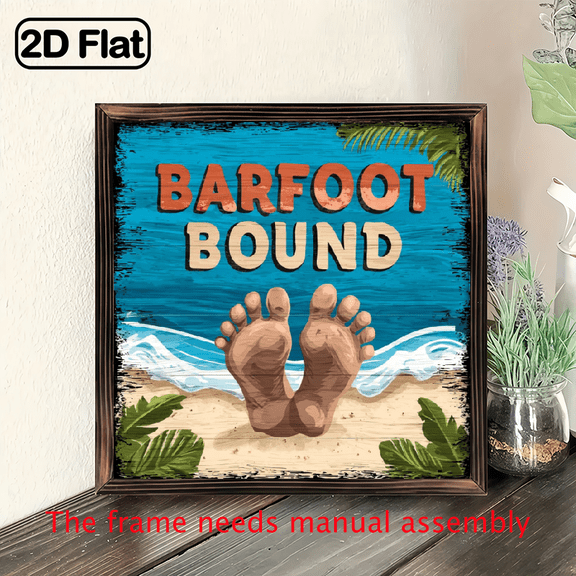 2D Flat - Barefoot and Bound_ Rustic Wooden Sign - 8x8 Inch Vintage Beach Decor with Footprint Design, Perfect for Home, Kitchen, or Farmhouse - Ideal Gift for Family, Beach House, or Summer-Themed