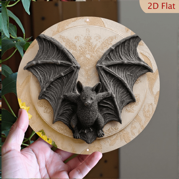2D Flat Bat Decor, 8" Round Aluminum Wall Art Sign, Metal Signs, Wall Decor For Kitchen, Door, Office, Coffee, Bedroom Decor, Best Gifts For Room, Home, Bathroom Decor, Weird Decor, Gothic style