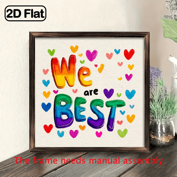 2D Flat, We Are Best Colorful Heart Wall Art Sign - 8x8 Inch Multicolor Wood Framed Decor with Rainbow Lettering Heart Cutouts, Horizontal Home Decoration for Living Room, Bedroom, Kitchen, Bath