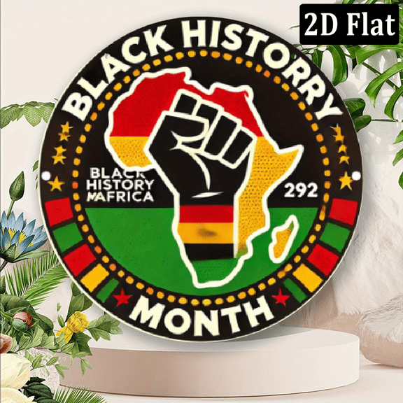 2D Flat Black History Month Sign 8 Inch Round Aluminum Wall Art with Raised Fist African Map Design, Vibrant Retro Colors.8x8 inch