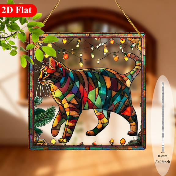 2D Flat, Bohemian Cat Stained -Style Acrylic Sun Catcher Window Hanging Decor - 8x8 Inch Cat with Lights Wall Art for Christmas, Halloween, Hanukkah, Easter, Thanksgiving - IndoorOutdoor Holiday