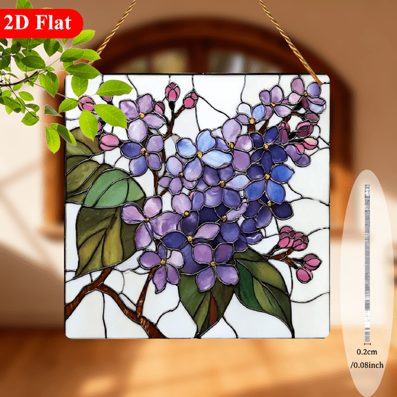 2D Flat, Bohemian Lilac Greenery Acrylic Dream Catcher - 8-Inch Square Hanging Ornament with Lilac Flowers, Beige Frame Chain-like Hanger for Home, Porch, Garden - SpringEaster Decoration