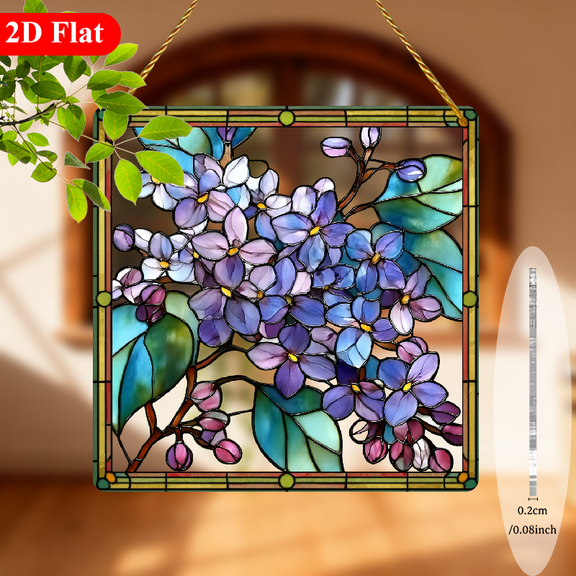 2D Flat, Bohemian Lilac Greenery Acrylic Dream Catcher - 8-Inch Square Hanging Ornament with Lilac Flowers, Beige Frame Chain-like Hanger for Home, Porch, Garden - SpringEaster Decoration