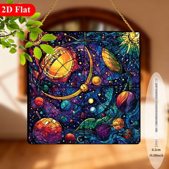 2D Flat, Bohemian Stained-Style Acrylic Sun Catcher Wall Art - 8x8 Inch Square Vibrant Cosmic Window Hanging Decor with Celestial Planets, Stars Phases - Lightweight Durable IndoorOutdoor Decorat