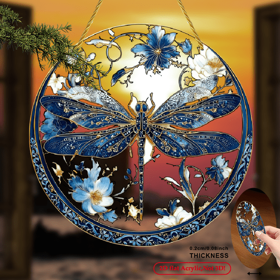 2D Flat, This Bohemian-Style 8inch Acrylic Dragonfly Light Catcher Features a Blue And White Porcelain Design It Serves As a Multifunctional Window Hanging Decoration, Perfect for Home, Garden