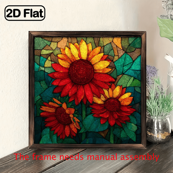2D Flat, Bohemian Style Painted Sunflower Window Decoration- 8x8inch Square Acrylic Light Catcher with Green Leaves and YellowRedGolden Tone, Suitable for Outdoor Garden, Birthday, Housewa