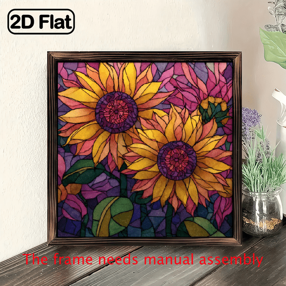 2D Flat, Bohemian Sunflower Window Panel - 8x8 Inch Square Acrylic Light Catcher with Multicolor (YellowPinkPurpleGreenRed) Boho Stained Decoration for Outdoor - Flat Painted Sunflowers for Garde