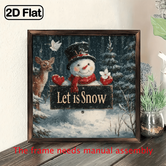2D Flat, Bohemian Winter Snowman Reindeer Wall Art Plaque - 8x8 Inch German Let It Snow Sign, Wood, 2D Flat Panel for Christmas, Room,, Office - Holiday Home Dcor Gift, 2D Flat