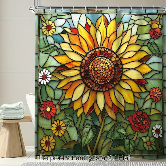 2D Flat Boho Sunflower Shower Curtain, Vintage Colored Sun Window Glass Floral with 12 Hooks