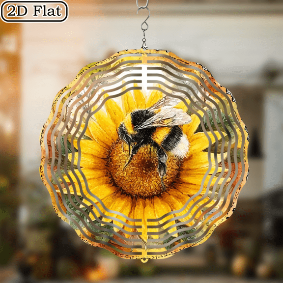 2D Flat, Bumble Bee on Sunflower Novelty Metal Wind Spinner 10*10in