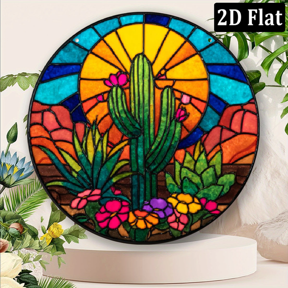 2D Flat Cactus Flower Sun Round Aluminum Sign, Wall Art Decorative Sign with Vibrant Design, IndoorOutdoor Wall Art Metal for Living Room, Bedroom, Office, Coffee Shop - Gift Idea