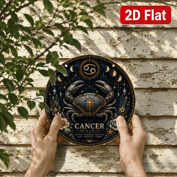 2D Flat, Cancer Zodiac Round Wall Art, Vintage Astrology Metal Sign Decor, Celestial Horoscope Plaque with Gold Black Boho Design for Bedroom Living Room Office Home Decor