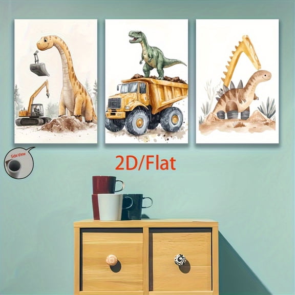 [2D Flat Canvas Art Prints] 2D Flat 3pcs Frameless 2D Flat Canvas Art Prints - T-Rex on Dump Truck, Dinosaur Construction Theme, Ideal for Home, Office, Cafe Decor | Midsummer Festival & Birthday Gi