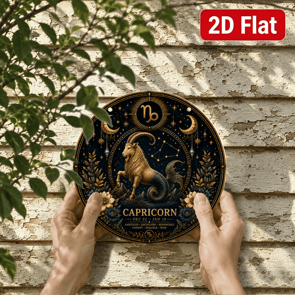 2D Flat, Capricorn Zodiac Round Wall Art, Vintage Astrology Metal Sign Decor, Celestial Horoscope Plaque with Gold Black Boho Design for Bedroom Living Room Office Home Decor