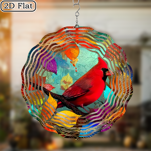 2D Flat, Cardinal Bird Wind Spinner - Vivid Red Cardinal, Autumn Leaves in Orange, Yellow, Purple, Blue, Green - Iron Hanging Ornament for IndoorOutdoor Fall, Thanksgiving, Christmas, Halloween