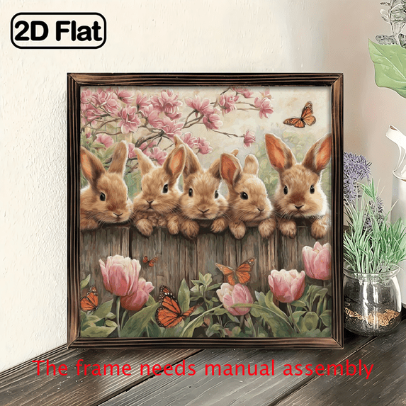 2D Flat, Cartoon Bunny Heart Sign wooden board painting. 1pc for Nursery Kids Bedroom Living Room Porch Garden Family Friends Animal Lovers Gift Spring Home Decor.8x8in