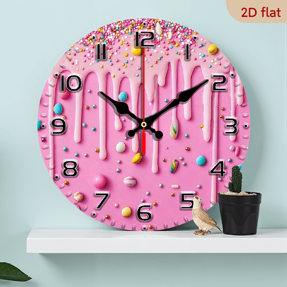 2D Flat, Cartoon Ice Cream Cake Birthday Backdrop, 10-Inch Wood Veneer Round Silent Flat Clock in European And American Style - Batteries Not Included - Perfect for Living Room, Bedroom, Kitchen