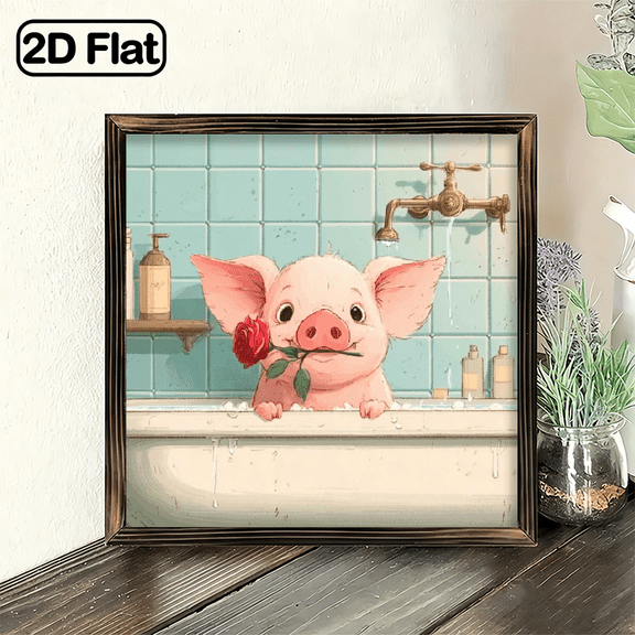 2D Flat, Cartoon Pig in Bathtub d Bathroom Wall Decor Plaque, 8x8 Inch Hanging Decor Sign for Home, Cute Animal Art Sign for Home, Kids Room, Farmhouse Kitchen, Fun