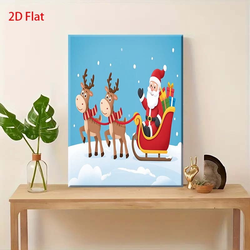 2D Flat Cartoon Santa's Reindeer Sleigh & Elk Sleigh Christmas Wall Art ...