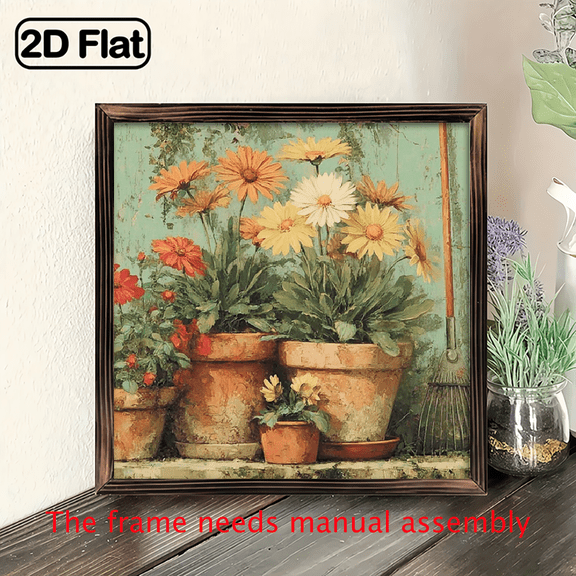 2D Flat, Charming 8X8-Inch Frame Wooden Signage - Rustic Spring And Summer Garden Art with Flowers And Tools, Farmhouse Wall Decor, Perfect for Home, Room Or Garden - Perfect Holiday Gift for Chri