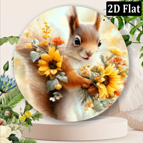 2D Flat, Charming 8x8in Round Metal Squirrel Sign - Perfect for Home, Cafe, or Patio Decor Ideal Gift for Friends Family, 2D, Perfect for Room Decor