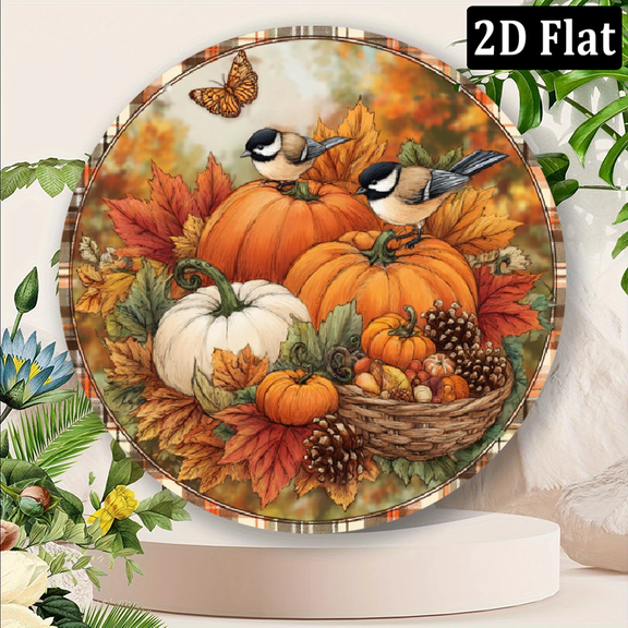2D Flat, Charming Autumn Wreath Sign, 8x8 inch Aluminum with Leaves Birds Plaid Design, Easy-Hang Wall Decor for Home, Coffee Shops Restaurants, Home Accent PieceAutumn Theme DecorDu