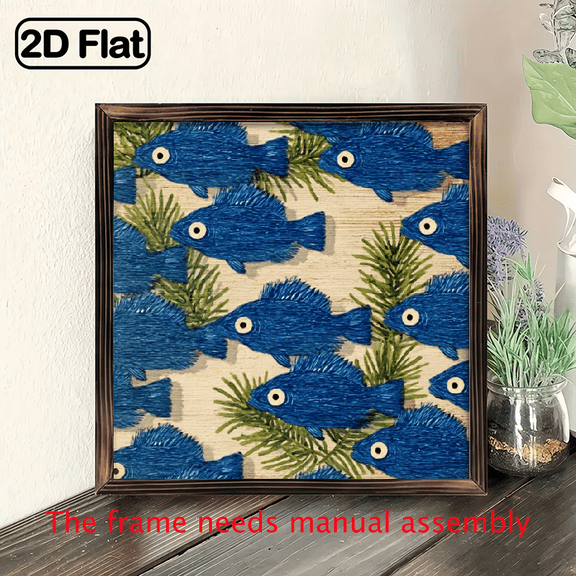 2D Flat, Charming Blue Fish Wood Framed Wall Art - 8x8 Inch Classic Nautical Decorative Sign for Living Room Office, Summer Beach Theme with White Waves Seashells, Perfect Holiday Gift for Home or