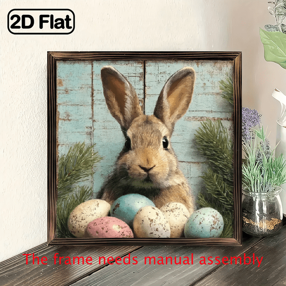 2D Flat - Charming Bunny Easter Egg Spring Decor Wooden Sign - 8x8 Inch, Style with Frame, Ideal for Farmhouse, Kitchen, Garage, Office Shelf Desk, Perfect Gift for Bunny Lovers, Bunny Accesso