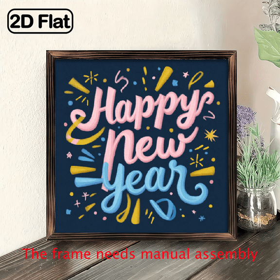 2D Flat Charming Framed Wooden Happy New Year Sign - 8x8 Inch Rustic Farmhouse Wall Decor with Golden Lettering Confetti Design, Frame in Pink, Blue, Golden, White, Yellow - Ideal Holiday Gift